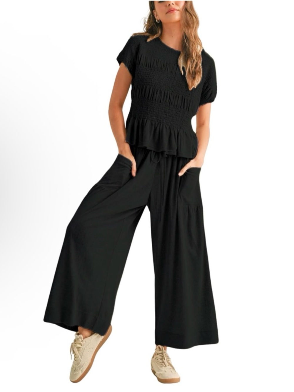 Amazon Black Wide-Leg Two-Piece with Smocked Bodice SZ Medium